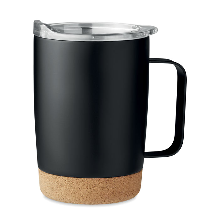 Tazza a doppio strato in acciaio inossidabile con base in sughero e coperchio con foro scorrevole per bere — Drinkware & Lunch personalizzabile con il tuo logo