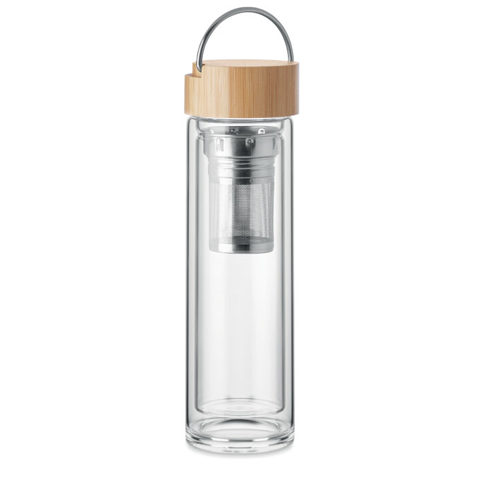 Bottiglia doppio strato in vetro borosilicato e coperchio in bamboo con infusore per il tè — Drinkware & Lunch personalizzabile con il tuo logo