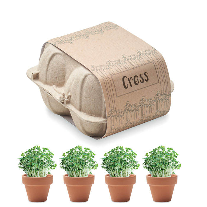 Set di 4 vasi di terracotta con semi di crescione, presentati in un vassoio di cartone per uova — Sport & Outdoor personalizzabile con il tuo logo