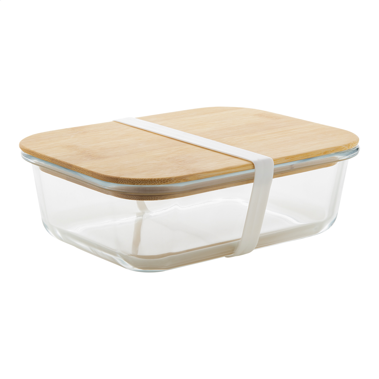 Contenitore per il pranzo in vetro con coperchio in bambù naturale ed elastico in silicone, 800 ml — Drinkware & Lunch personalizzabile con il tuo logo