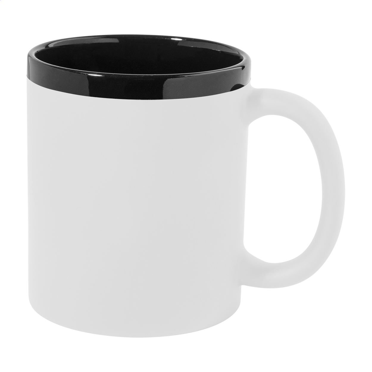 Tazza mug in ceramica da 300ml con finitura gommata morbida al tatto, interno e bordo neri — Drinkware & Lunch personalizzabile con il tuo logo
