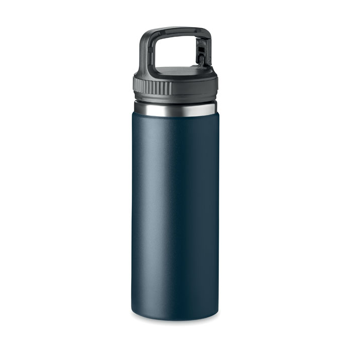 Bottiglia isolata sottovuoto a doppia parete in acciaio inox con gancio di fissaggio sul coperchio — gadget promozionale personalizzabile con il tuo logo
