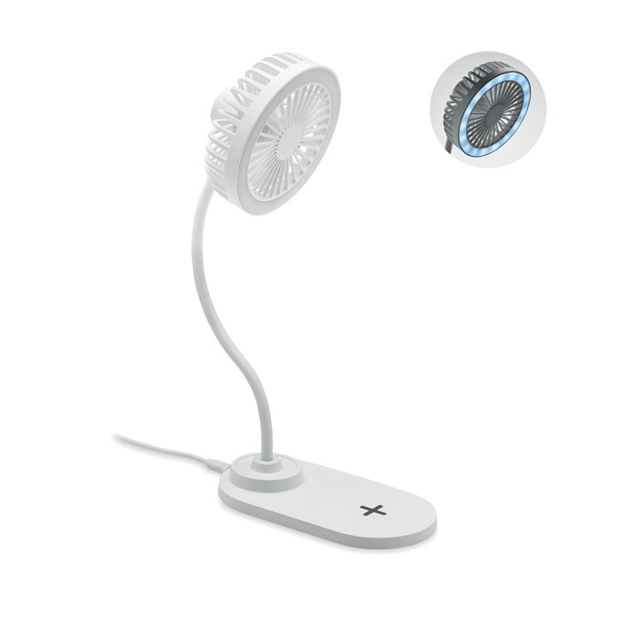 Ventilatore da tavolo in ABS con 3 impostazioni di velocità e caricatore wireless 10 W — gadget promozionale personalizzabile con il tuo logo